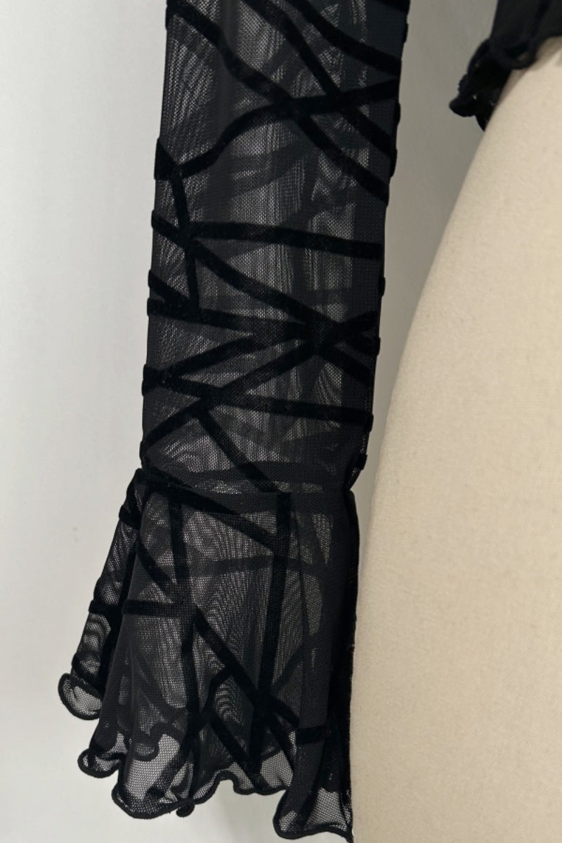 Women’s Ruffle Collar Long Sleeve Top with Front Tie – Slim Cropped Fit |W-17-004-Black Geometry