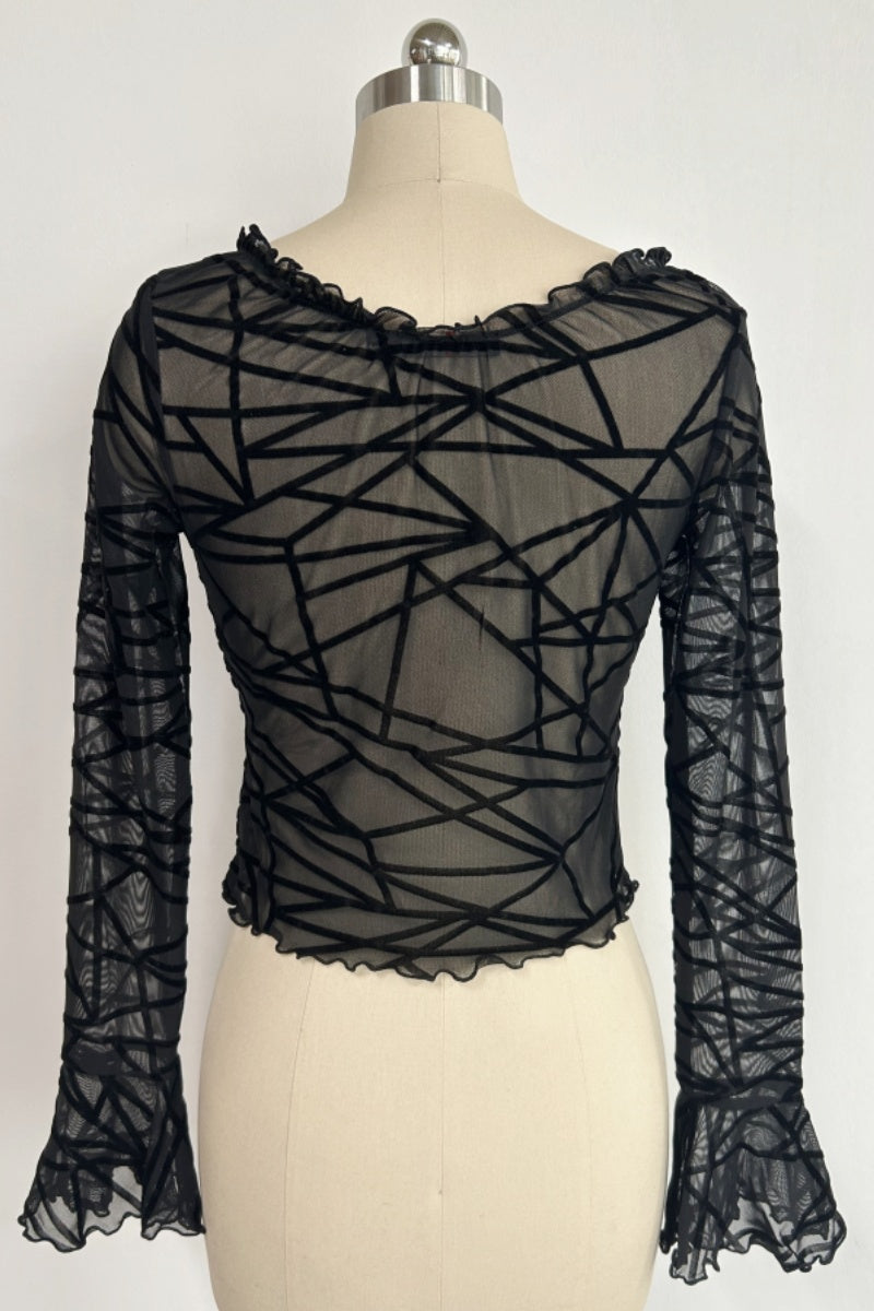 Women’s Ruffle Collar Long Sleeve Top with Front Tie – Slim Cropped Fit |W-17-004-Black Geometry