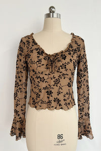 Women’s Ruffle Collar Long Sleeve Top with Front Tie – Slim Cropped Fit|W-17-004-Tan with Black Floral