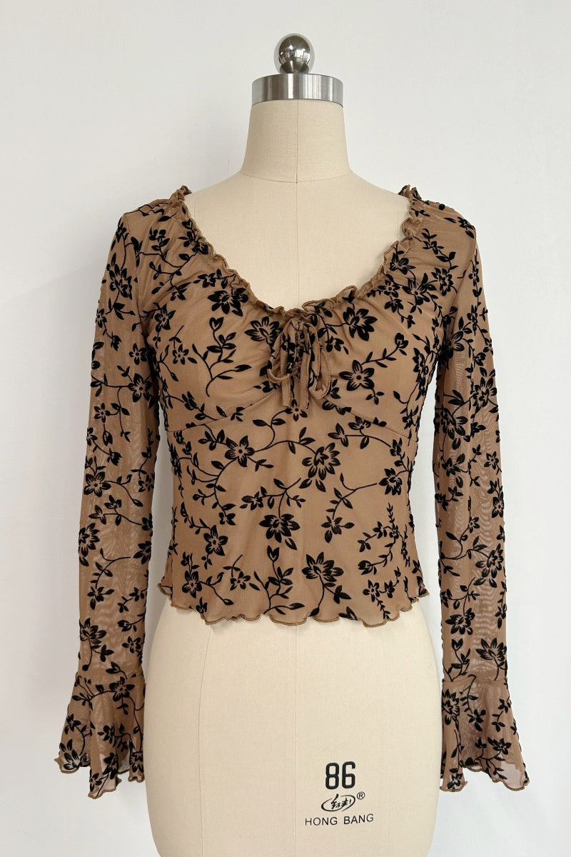 Women’s Ruffle Collar Long Sleeve Top with Front Tie – Slim Cropped Fit|W-17-004-Tan with Black Floral