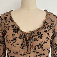 Women’s Ruffle Collar Long Sleeve Top with Front Tie – Slim Cropped Fit|W-17-004-Tan with Black Floral