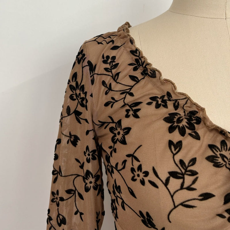 Women’s Ruffle Collar Long Sleeve Top with Front Tie – Slim Cropped Fit|W-17-004-Tan with Black Floral