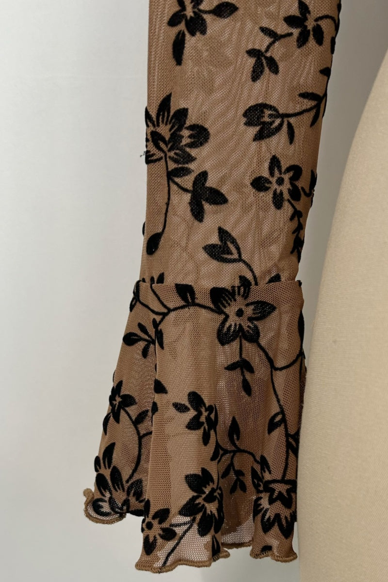 Women’s Ruffle Collar Long Sleeve Top with Front Tie – Slim Cropped Fit|W-17-004-Tan with Black Floral