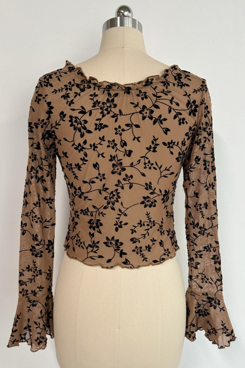 Women’s Ruffle Collar Long Sleeve Top with Front Tie – Slim Cropped Fit|W-17-004-Tan with Black Floral