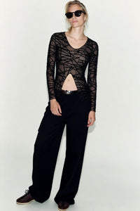 Women’s Flocked Geometric Mesh V-Neck Long Sleeve Top with Front V-Slit – Slim Fit-W-17-005 Black