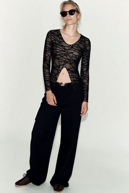 Women’s Flocked Geometric Mesh V-Neck Long Sleeve Top with Front V-Slit – Slim Fit-W-17-005 Black