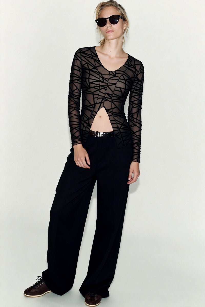 Women’s Flocked Geometric Mesh V-Neck Long Sleeve Top with Front V-Slit – Slim Fit-W-17-005 Black