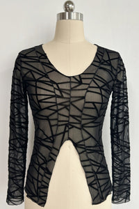 Women’s Flocked Geometric Mesh V-Neck Long Sleeve Top with Front V-Slit – Slim Fit-W-17-005 Black