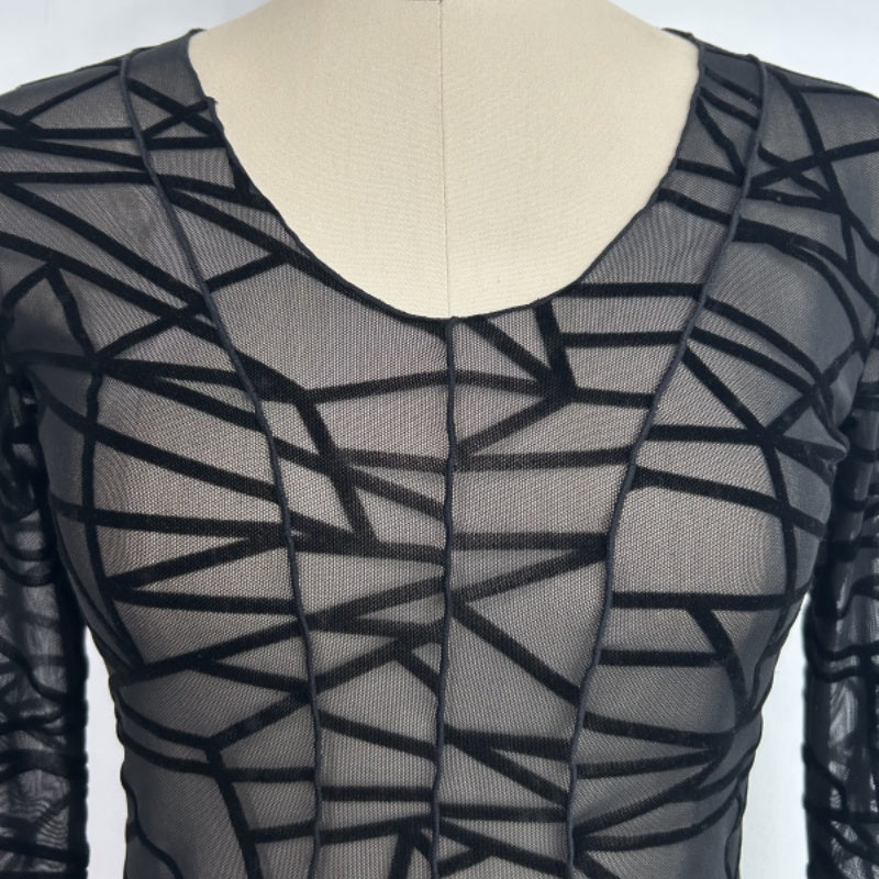 Women’s Flocked Geometric Mesh V-Neck Long Sleeve Top with Front V-Slit – Slim Fit-W-17-005 Black