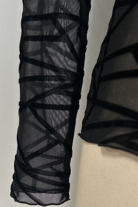 Women’s Flocked Geometric Mesh V-Neck Long Sleeve Top with Front V-Slit – Slim Fit-W-17-005 Black