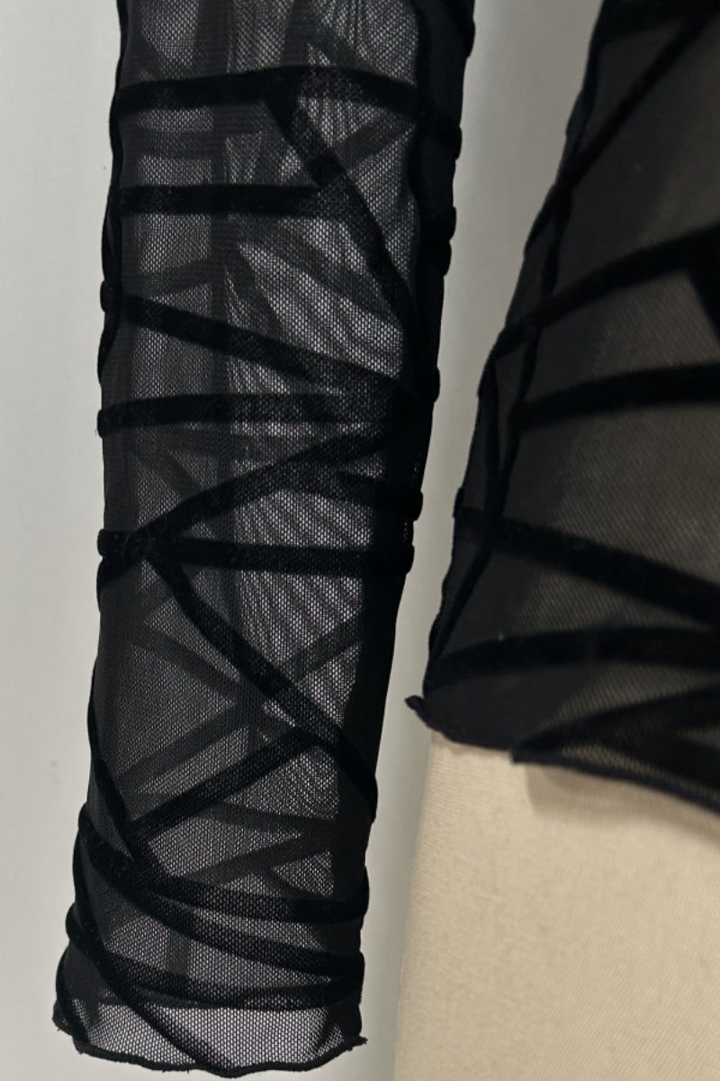 Women’s Flocked Geometric Mesh V-Neck Long Sleeve Top with Front V-Slit – Slim Fit-W-17-005 Black