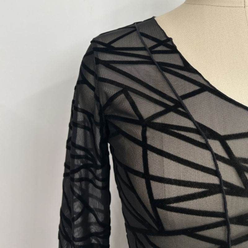 Women’s Flocked Geometric Mesh V-Neck Long Sleeve Top with Front V-Slit – Slim Fit-W-17-005 Black