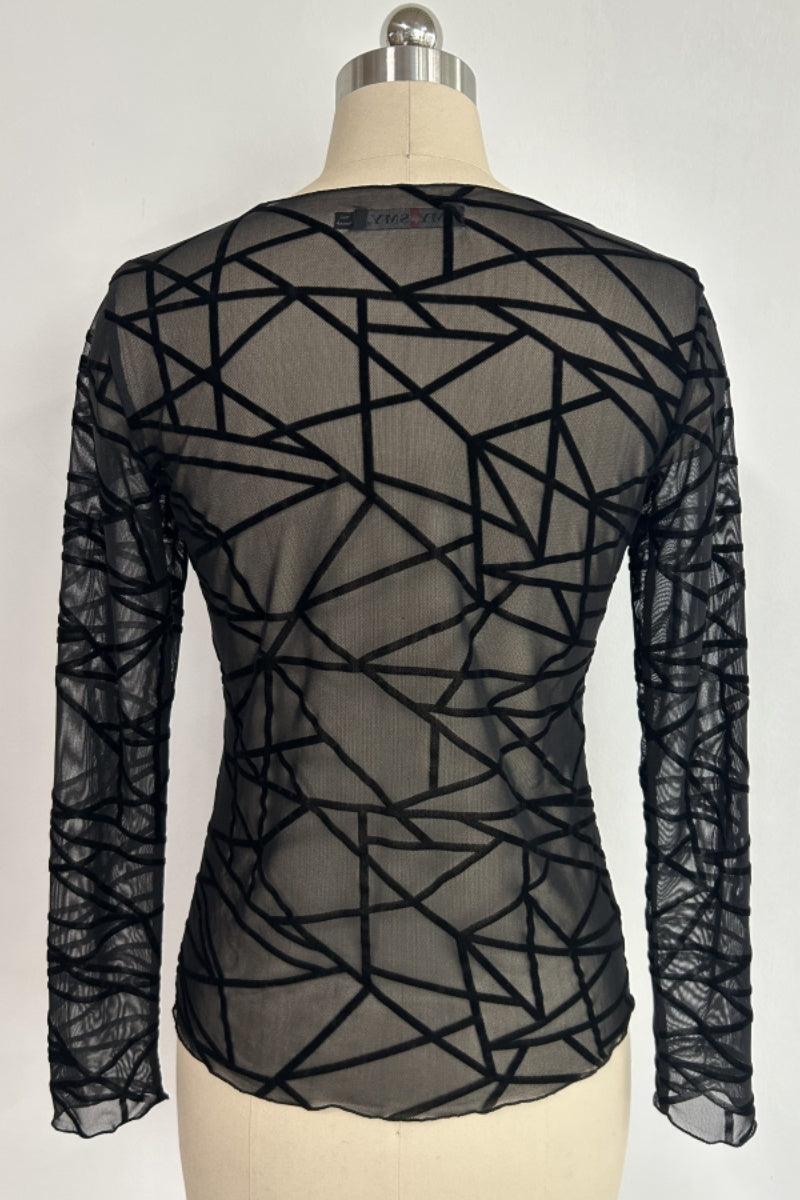 Women’s Flocked Geometric Mesh V-Neck Long Sleeve Top with Front V-Slit – Slim Fit-W-17-005 Black