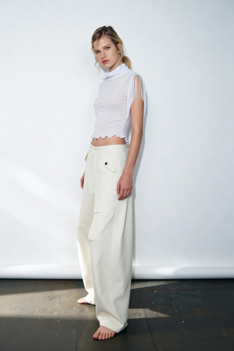 The Kinetic Fringe Mesh Crop Tank|Turtle Neck|W-17-006 Optic White