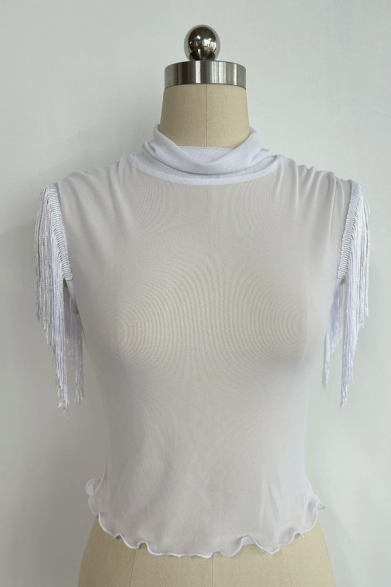 The Kinetic Fringe Mesh Crop Tank|Turtle Neck|W-17-006 Optic White