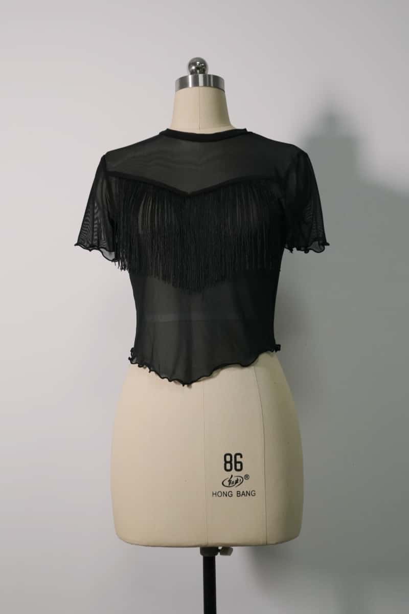 Slim Fit Short Sleeve Mesh Top|Sheer Yoke|Fringe Details|Lettuce