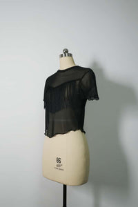Slim Fit Short Sleeve Mesh Top|Sheer Yoke|Fringe Details|Lettuce Edge|W-17-008 Mid Night