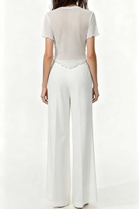 Slim Fit Short Sleeve Mesh Top|Sheer Yoke|Fringe Details|Lettuce Edge|W-17-008 Optic White