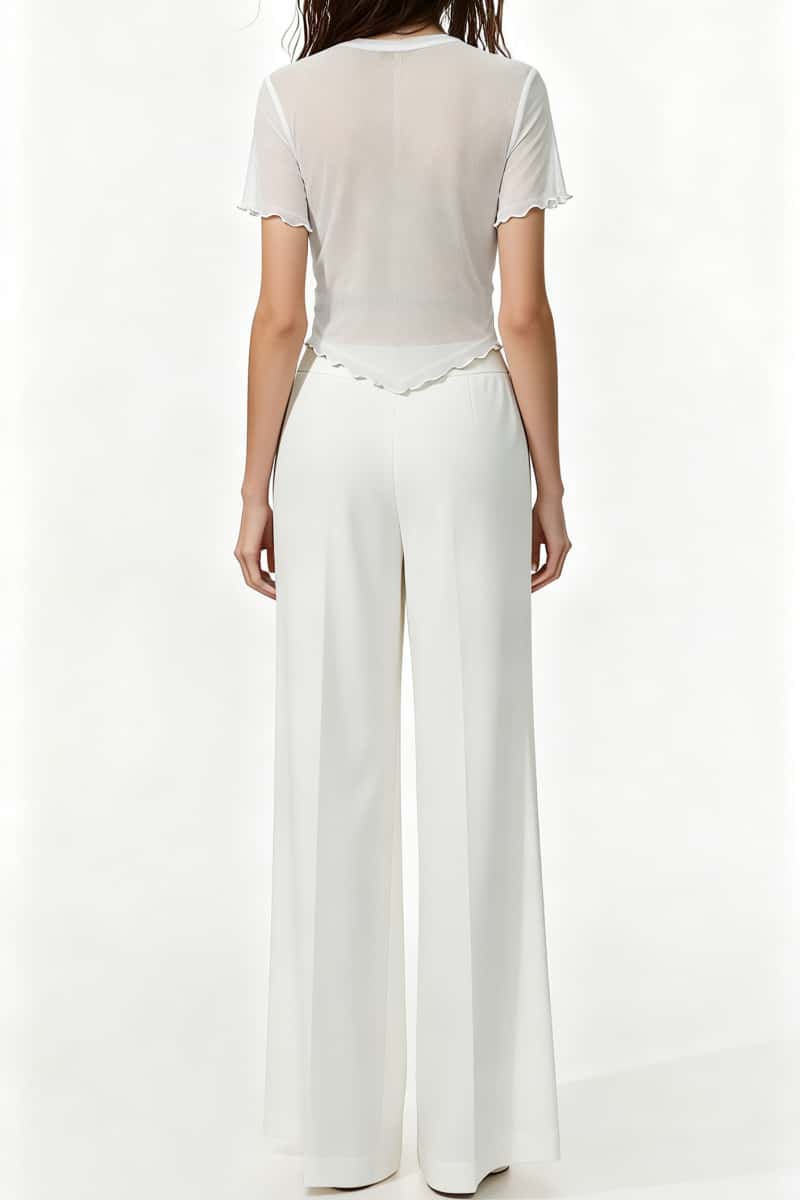 Slim Fit Short Sleeve Mesh Top|Sheer Yoke|Fringe Details|Lettuce Edge|W-17-008 Optic White