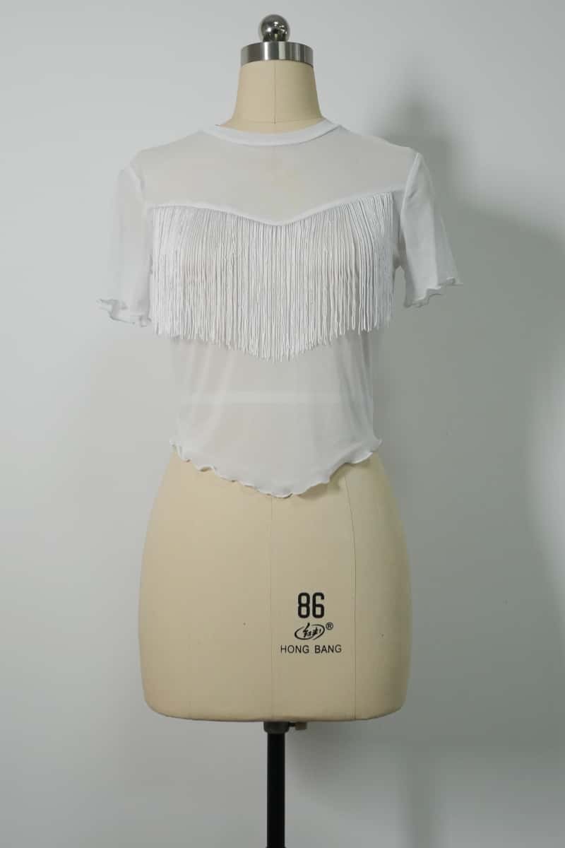 Slim Fit Short Sleeve Mesh Top|Sheer Yoke|Fringe Details|Lettuce Edge|W-17-008 Optic White