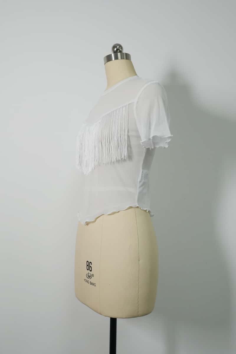 Slim Fit Short Sleeve Mesh Top|Sheer Yoke|Fringe Details|Lettuce Edge|W-17-008 Optic White