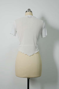 Slim Fit Short Sleeve Mesh Top|Sheer Yoke|Fringe Details|Lettuce Edge|W-17-008 Optic White