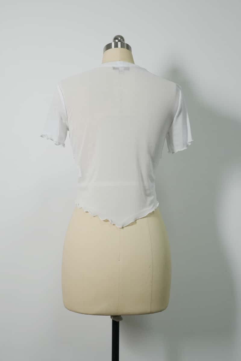 Slim Fit Short Sleeve Mesh Top|Sheer Yoke|Fringe Details|Lettuce Edge|W-17-008 Optic White