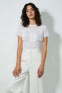 Slim Fit Short Sleeve Mesh Top|Sheer Yoke|Fringe Details|Lettuce Edge|W-17-008 Optic White