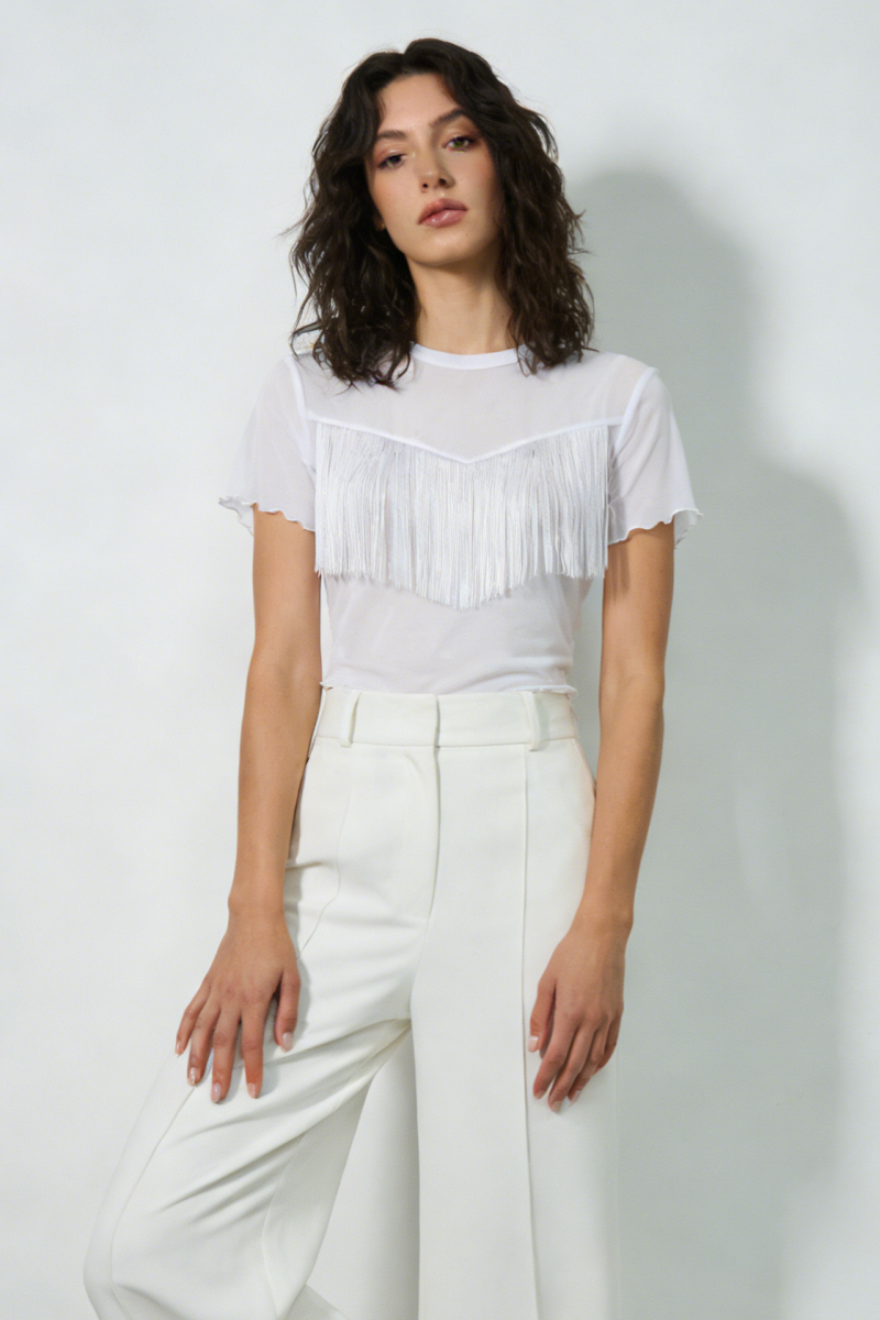 Slim Fit Short Sleeve Mesh Top|Sheer Yoke|Fringe Details|Lettuce Edge|W-17-008 Optic White